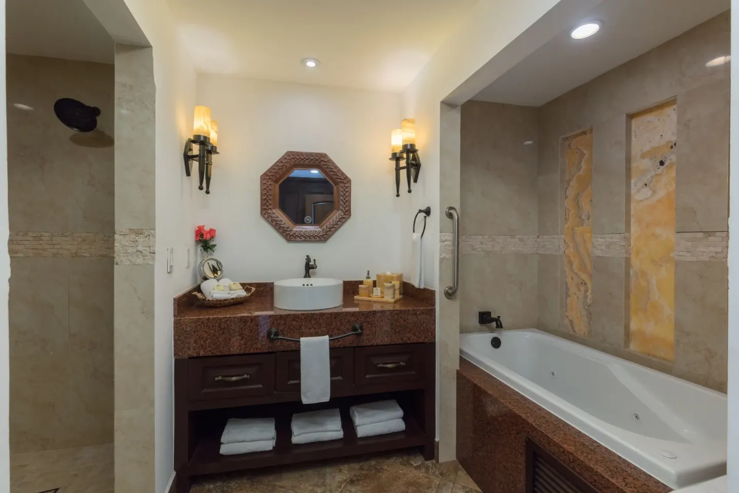 Premium Suite bathroom vanity and tub at El Encanto at Hacienda Encantada.