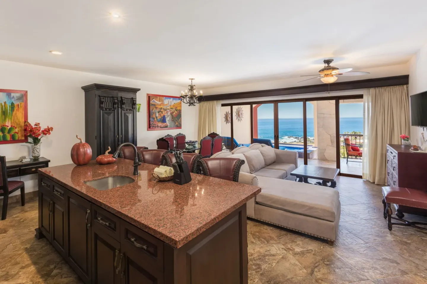 Premium Suite kitchen island and lounge with ocean view at El Encanto at Hacienda Encantada.