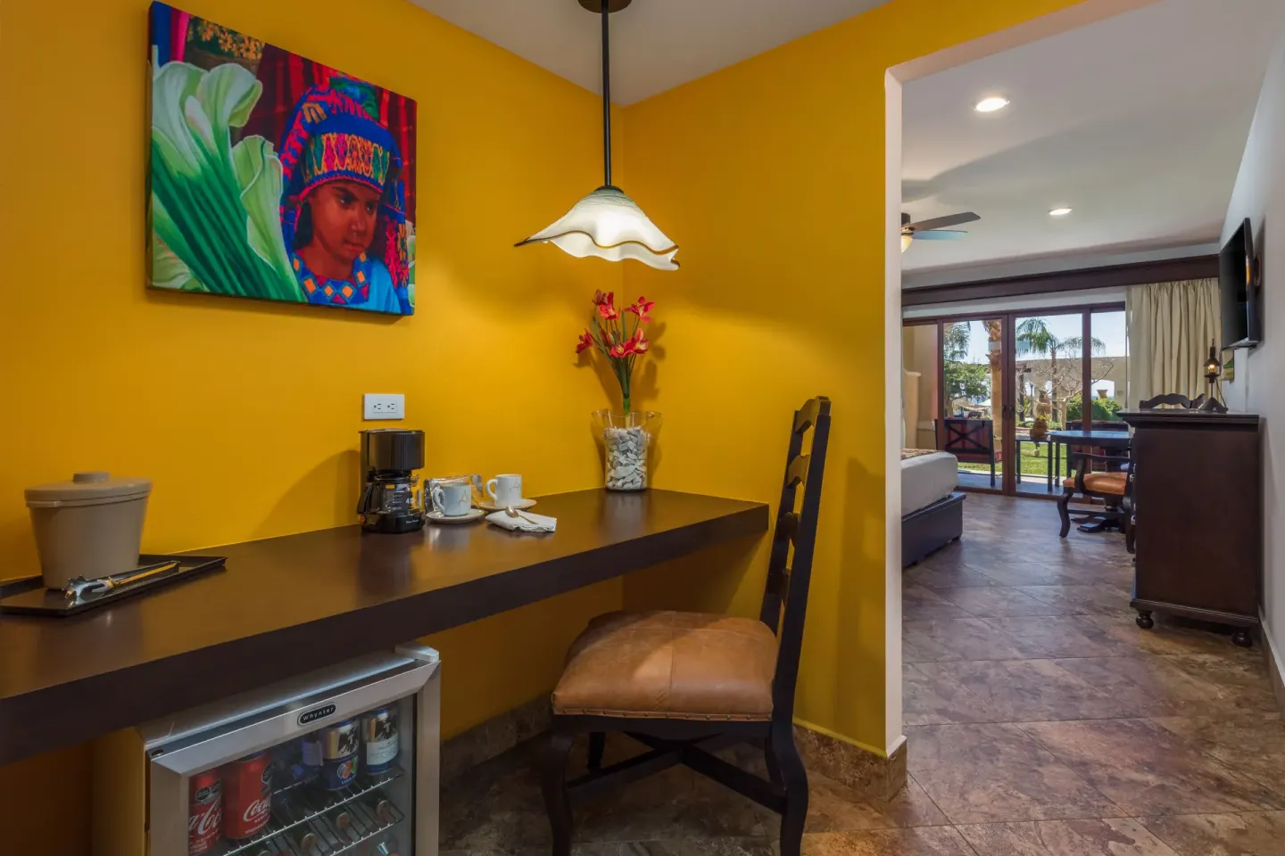 Studio Garden View kitchenette counter with coffee setup at El Encanto at Hacienda Encantada.