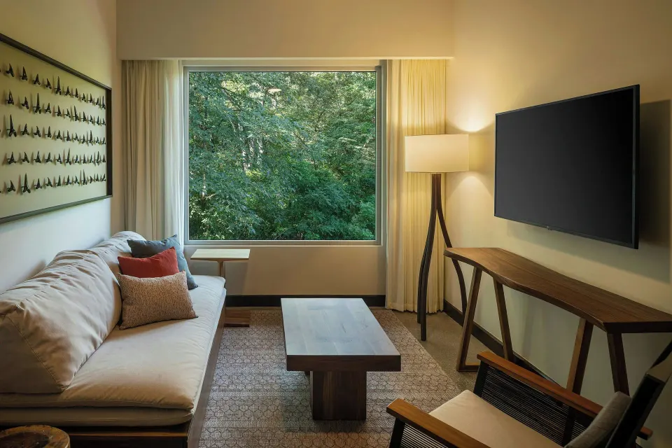 Sitting area with sofa and large window showing trees at El Mangroove Papagayo