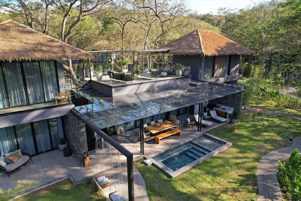 Aerial view of a two-storey villa with terrace and plunge pool at El Mangroove Papagayo