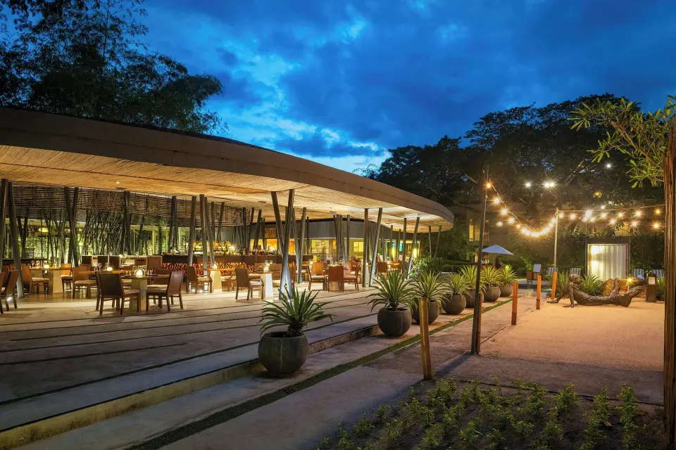 Outdoor evening view of the resort dining terrace with string lights at El Mangroove Papagayo