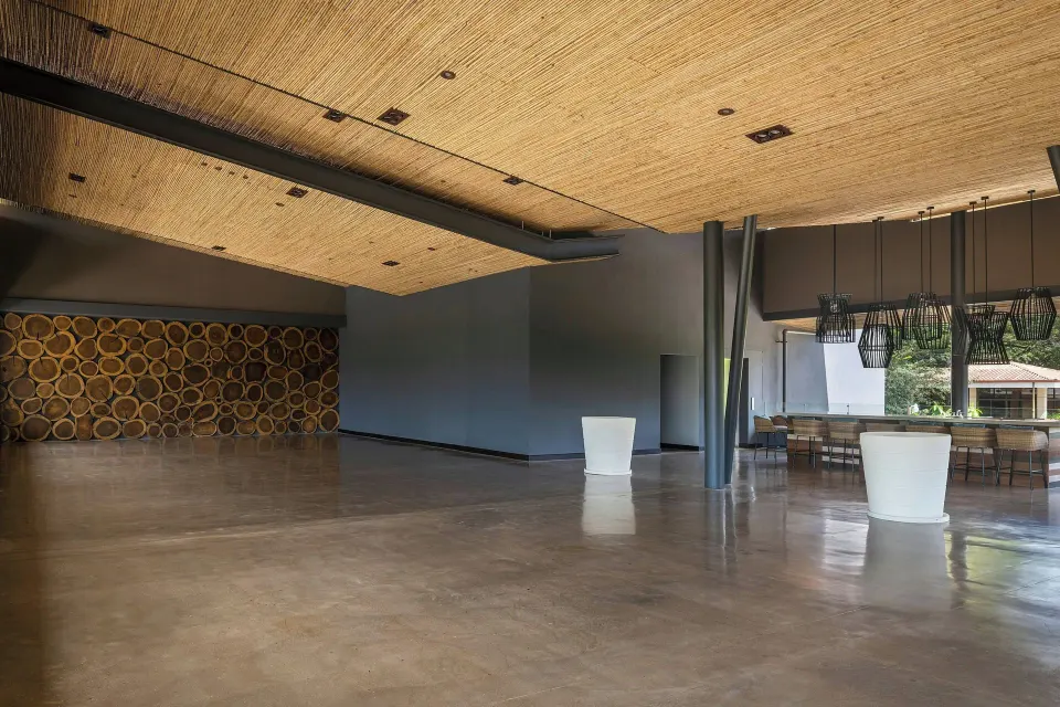 Large empty multipurpose room with wood-accent wall at El Mangroove Papagayo