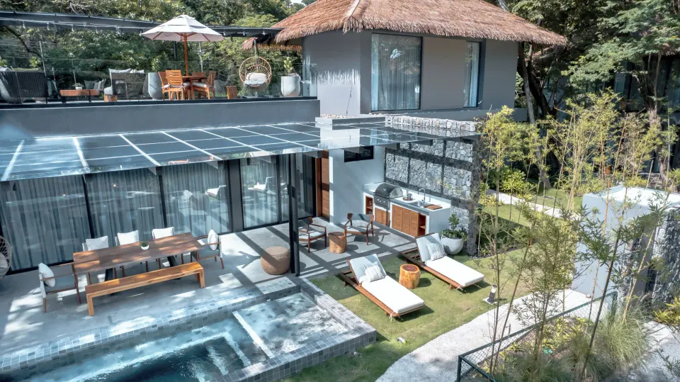 Aerial view of three-bedroom villa with private plunge pool and patio at El Mangroove Papagayo