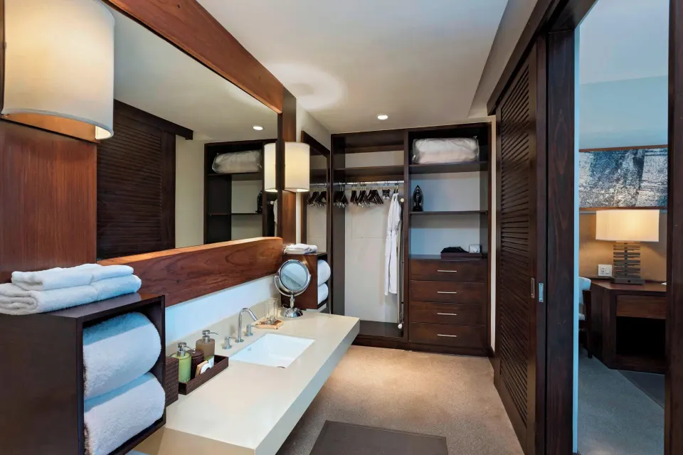 Resort View Suite open closet and sink area at El Mangroove Papagayo