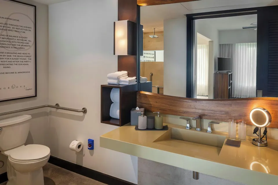 Bathroom sink, toilet and shelving with a view into the suite at El Mangroove Papagayo