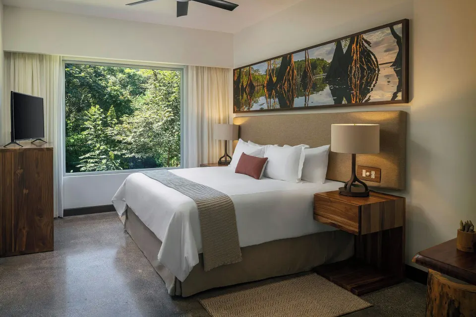 King bed beside a large window with green forest view in a suite at El Mangroove Papagayo