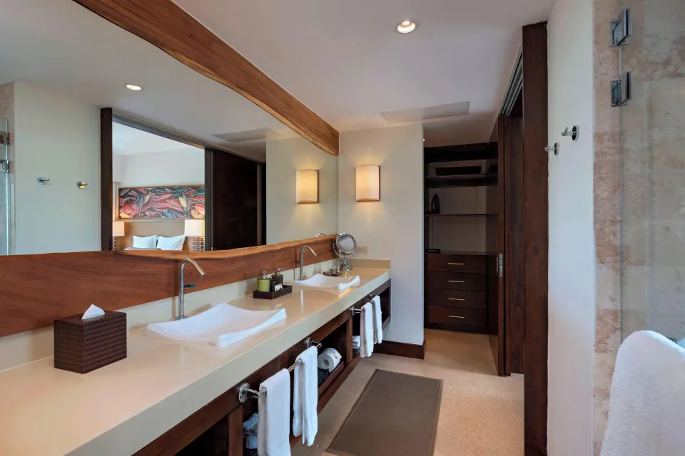 Superior One‑Bedroom Suite double sink bathroom vanity at El Mangroove Papagayo
