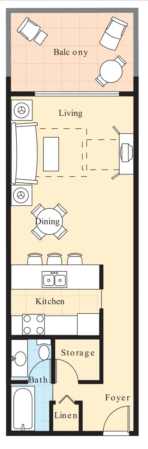 Vertical Comfort Studio floor plan with kitchen and balcony at Elysian Beach Resort.