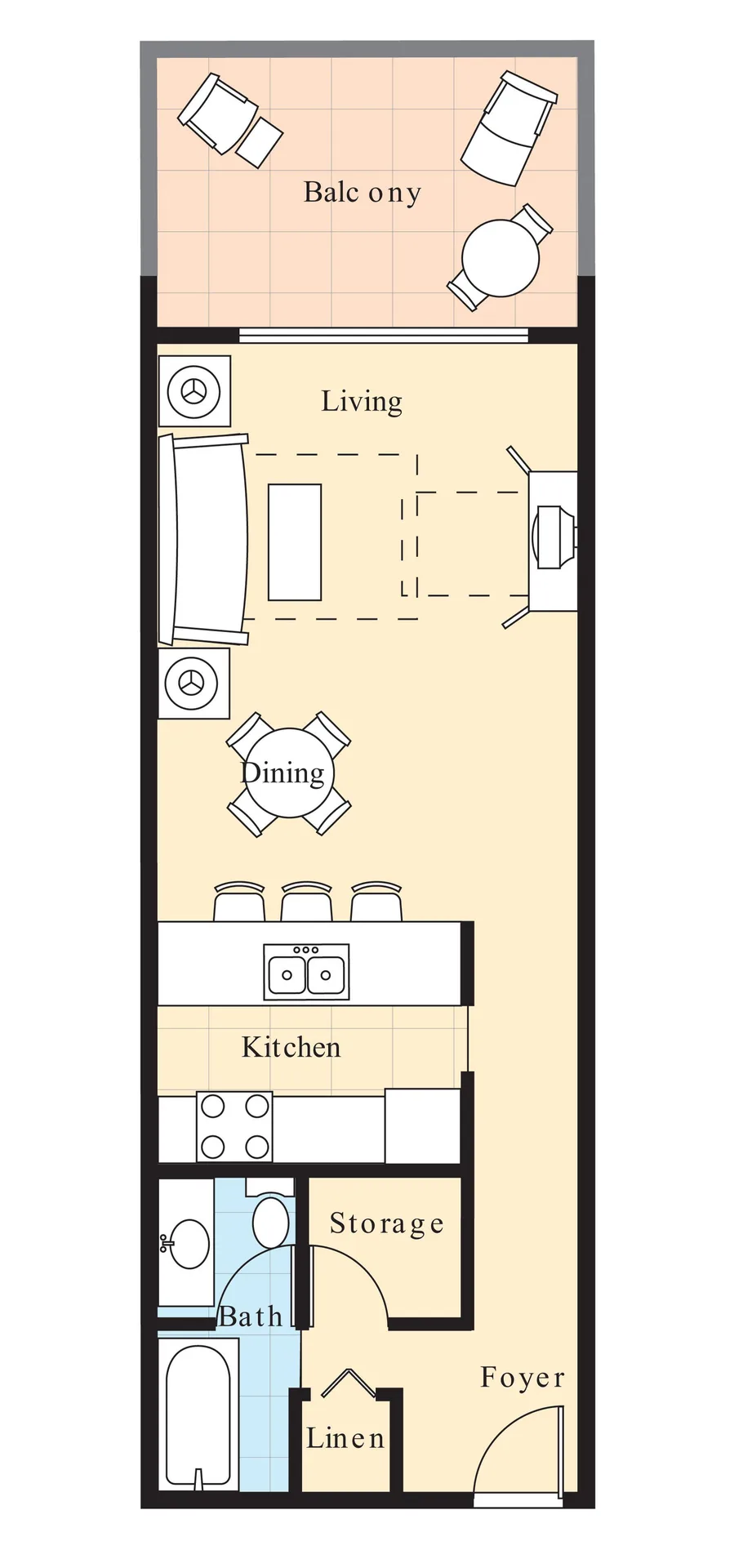 Comfort Studio floor plan with kitchen and balcony at Elysian Beach Resort.