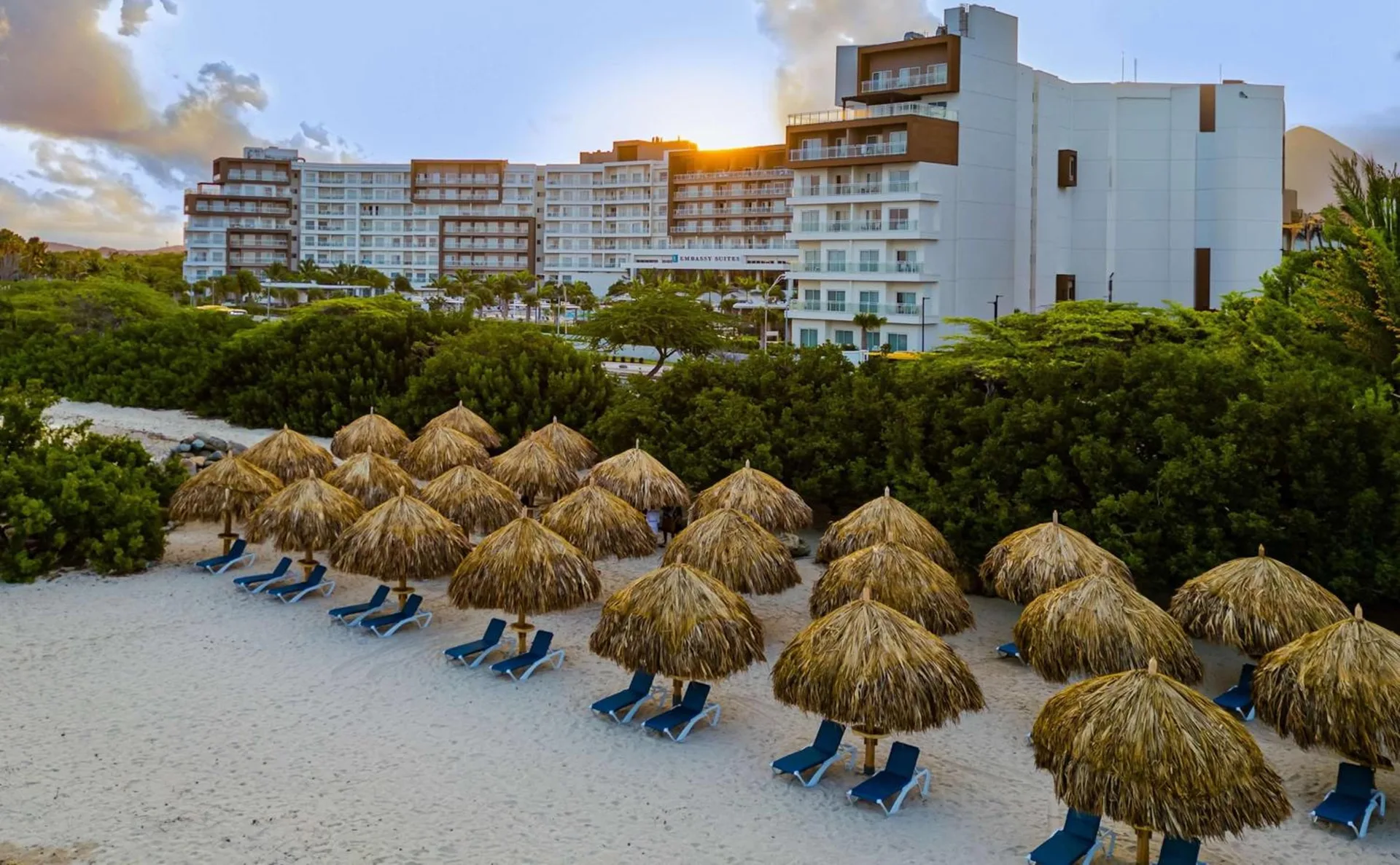 Beach palapas and lounge chairs near Embassy Suites Aruba Beach Resort.