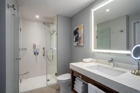 Bathroom with glass shower and lighted mirror at Embassy Suites Aruba Beach Resort.