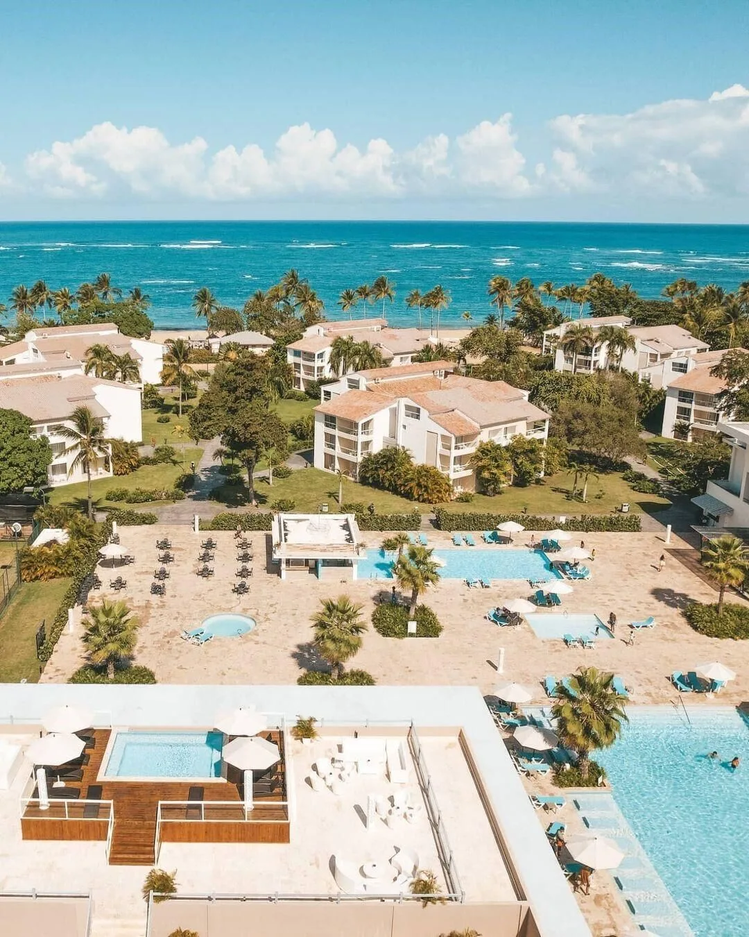 Aerial view of pools, resort buildings, palms, and ocean at Emotions by Hodelpa Puerto Plata.