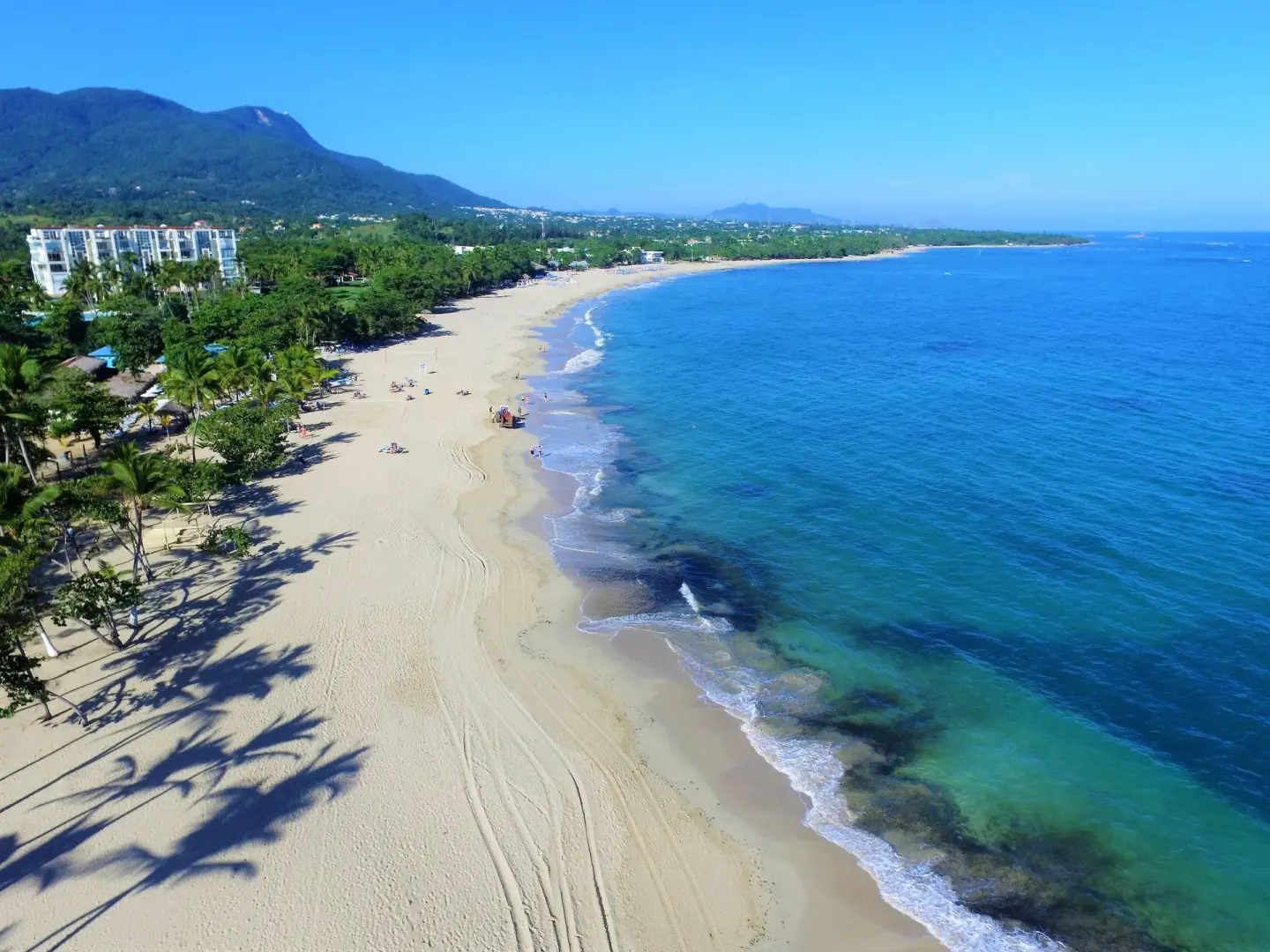 Coastal aerial view with beach, ocean, palms, and mountains near Emotions by Hodelpa Puerto Plata.