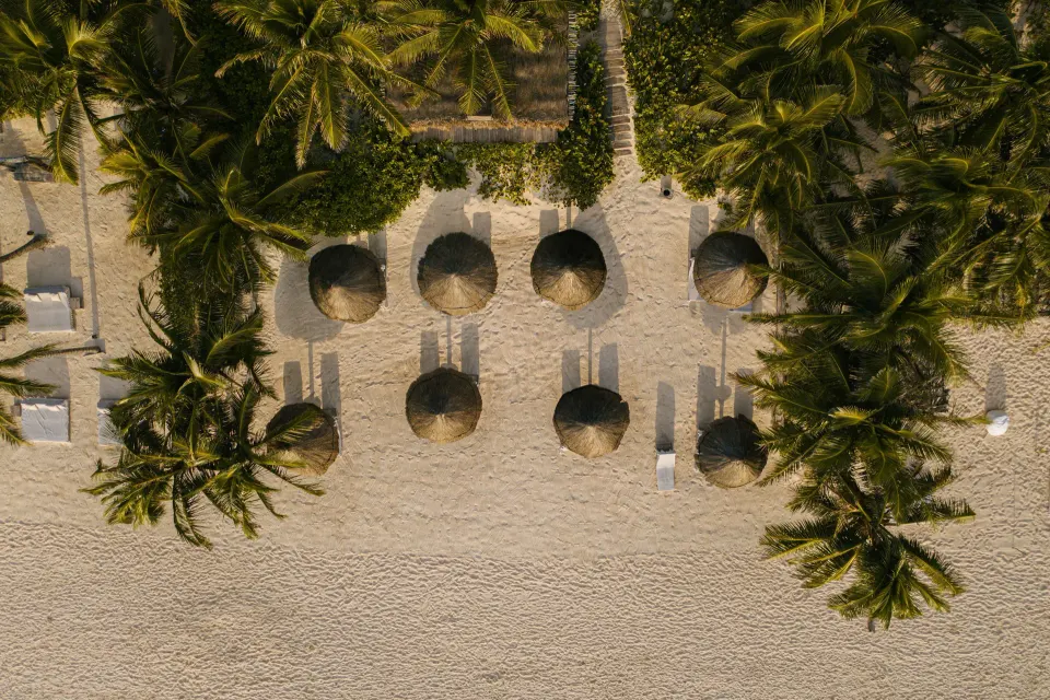 Aerial view of circular palapa umbrellas arranged on the beach at Encantada Tulum