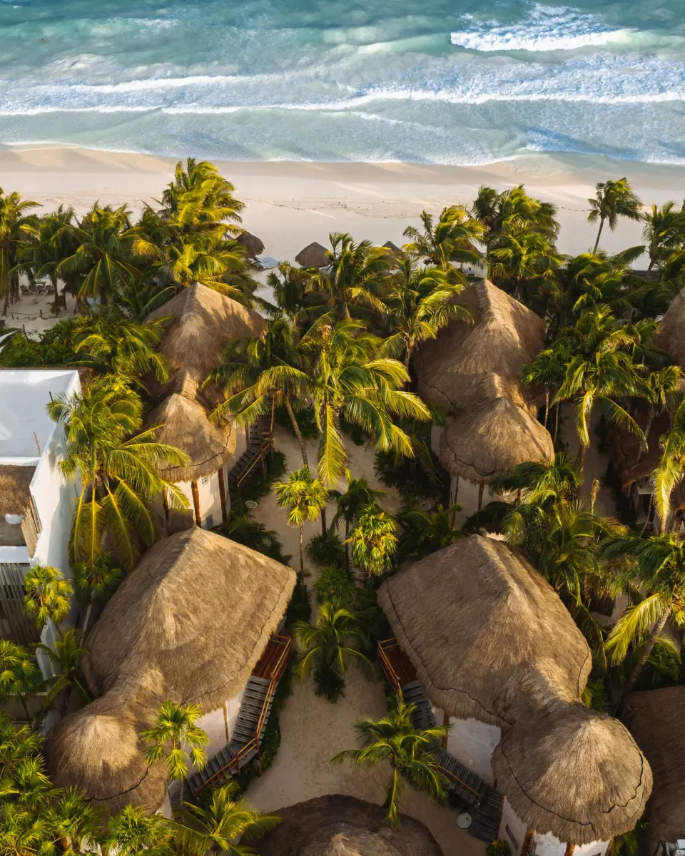 Aerial view of thatched-roof bungalows surrounded by palms near the beach at Encantada Tulum