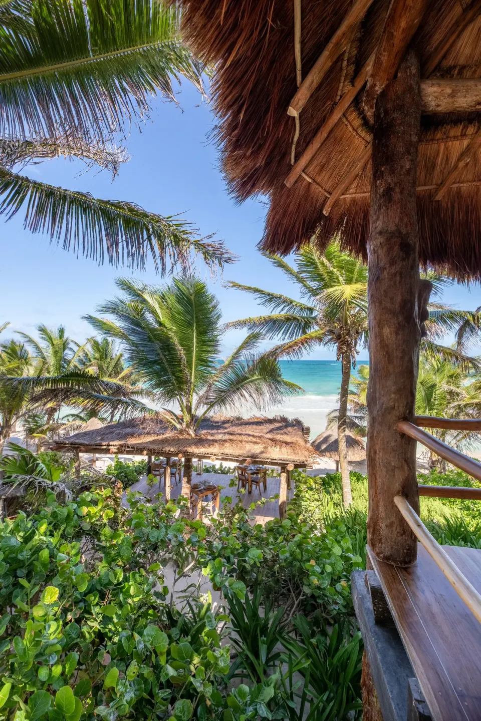 View from a wooden deck down to palapas and the sea through palms at Encantada Tulum