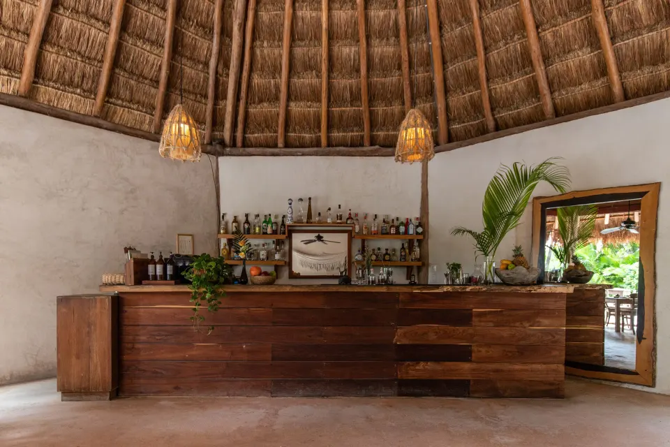 White bowl of ceviche garnished with avocado slices on a wooden table at Encantada Tulum.