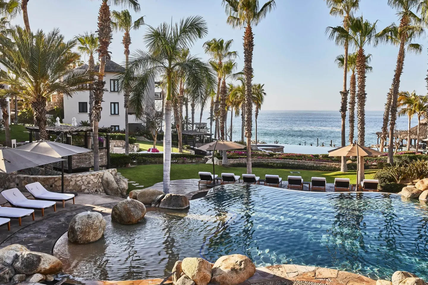 Curving pool with lounge chairs, palms and ocean view at Esperanza.