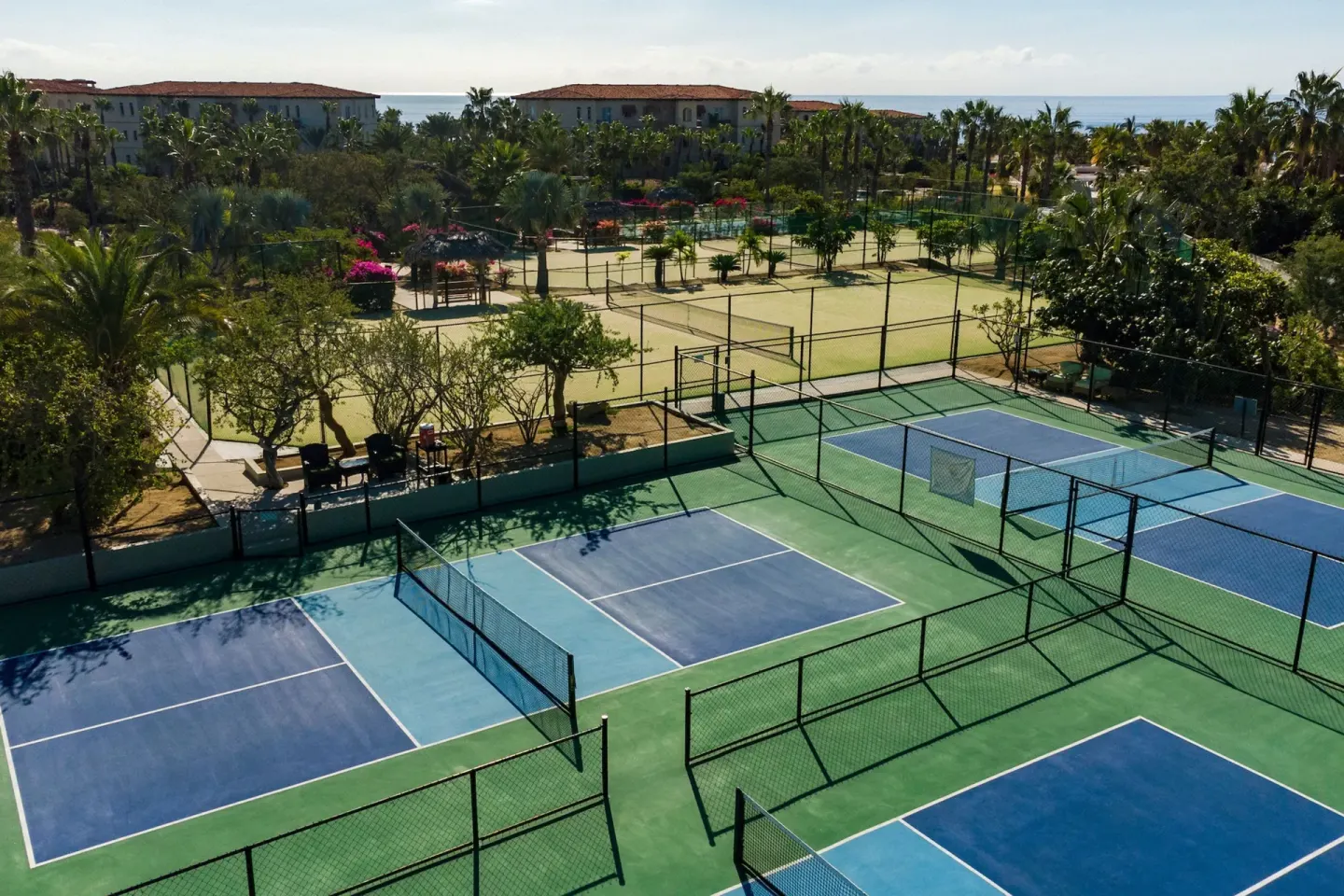 Tennis and pickleball courts surrounded by palms at Esperanza.