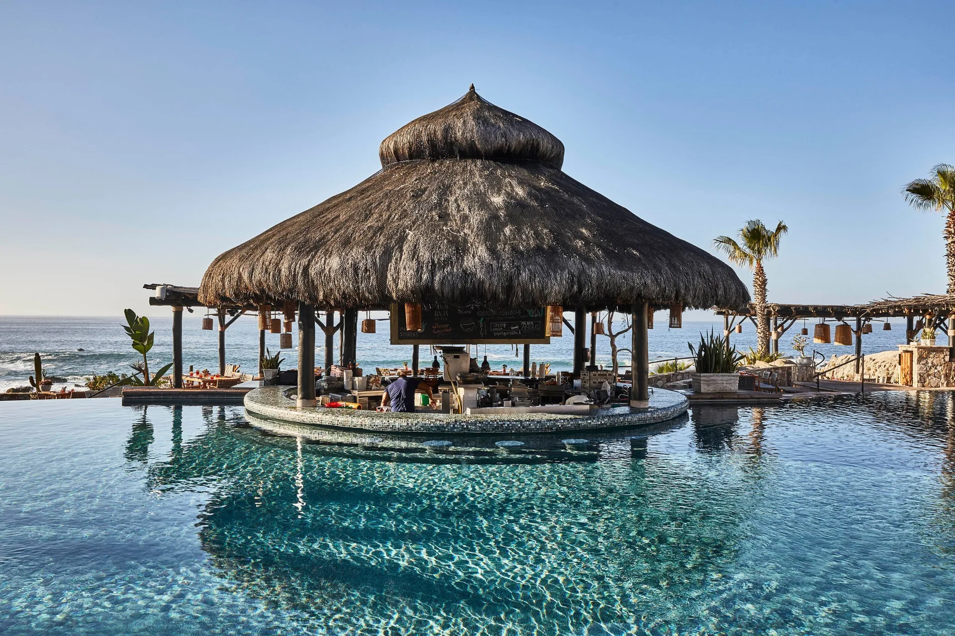 Thatched swim-up bar beside the pool and ocean at Esperanza.