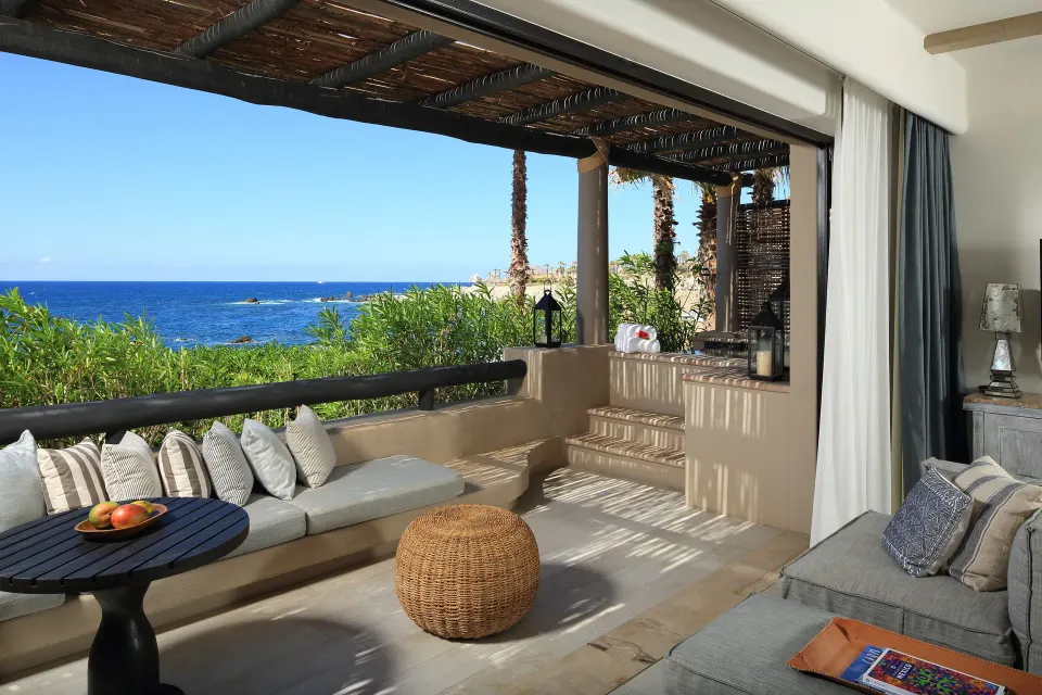 Oceanfront spa casita terrace seating with ocean view at Esperanza.