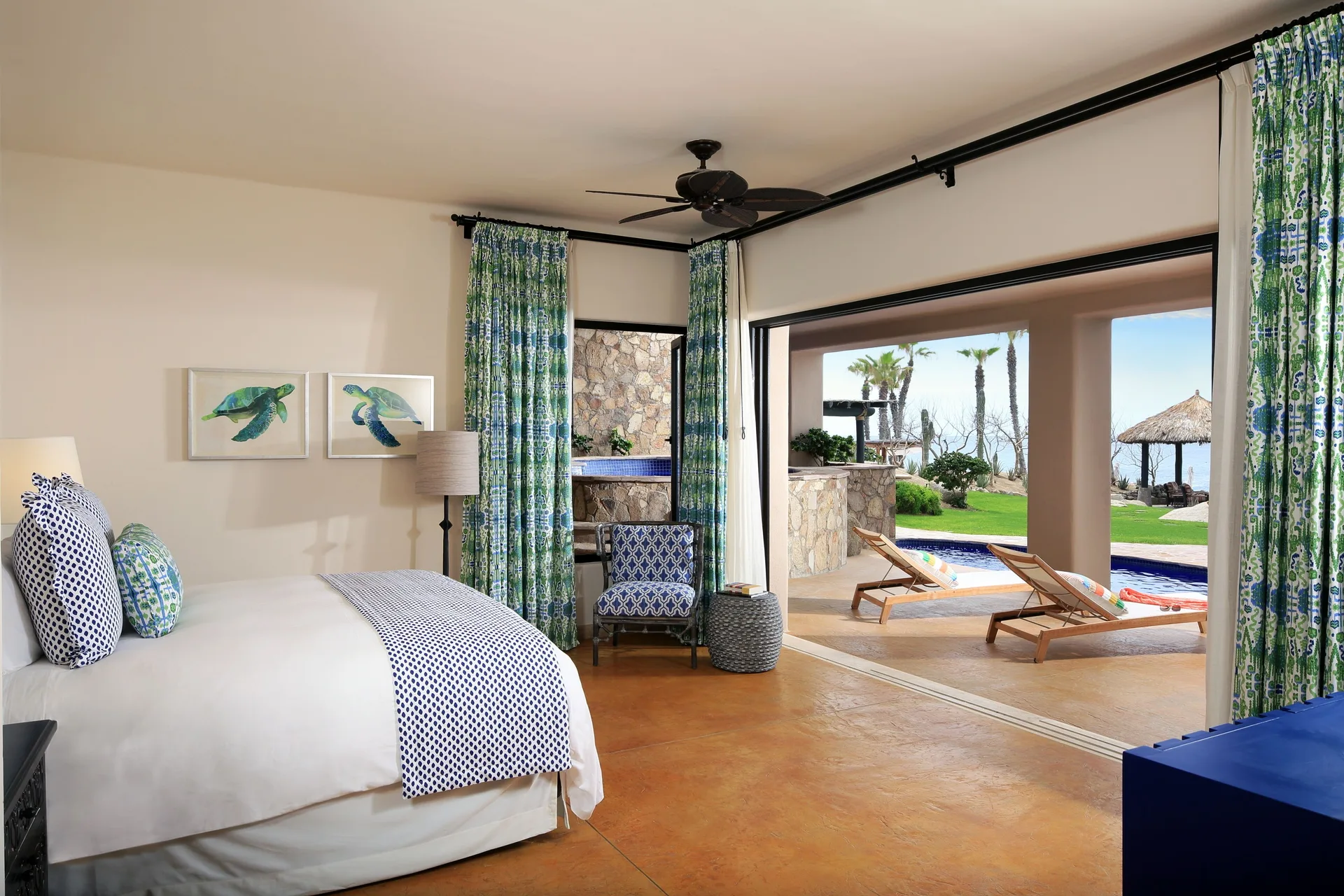 Oceanfront villa bedroom with patio pool and sea view at Esperanza.