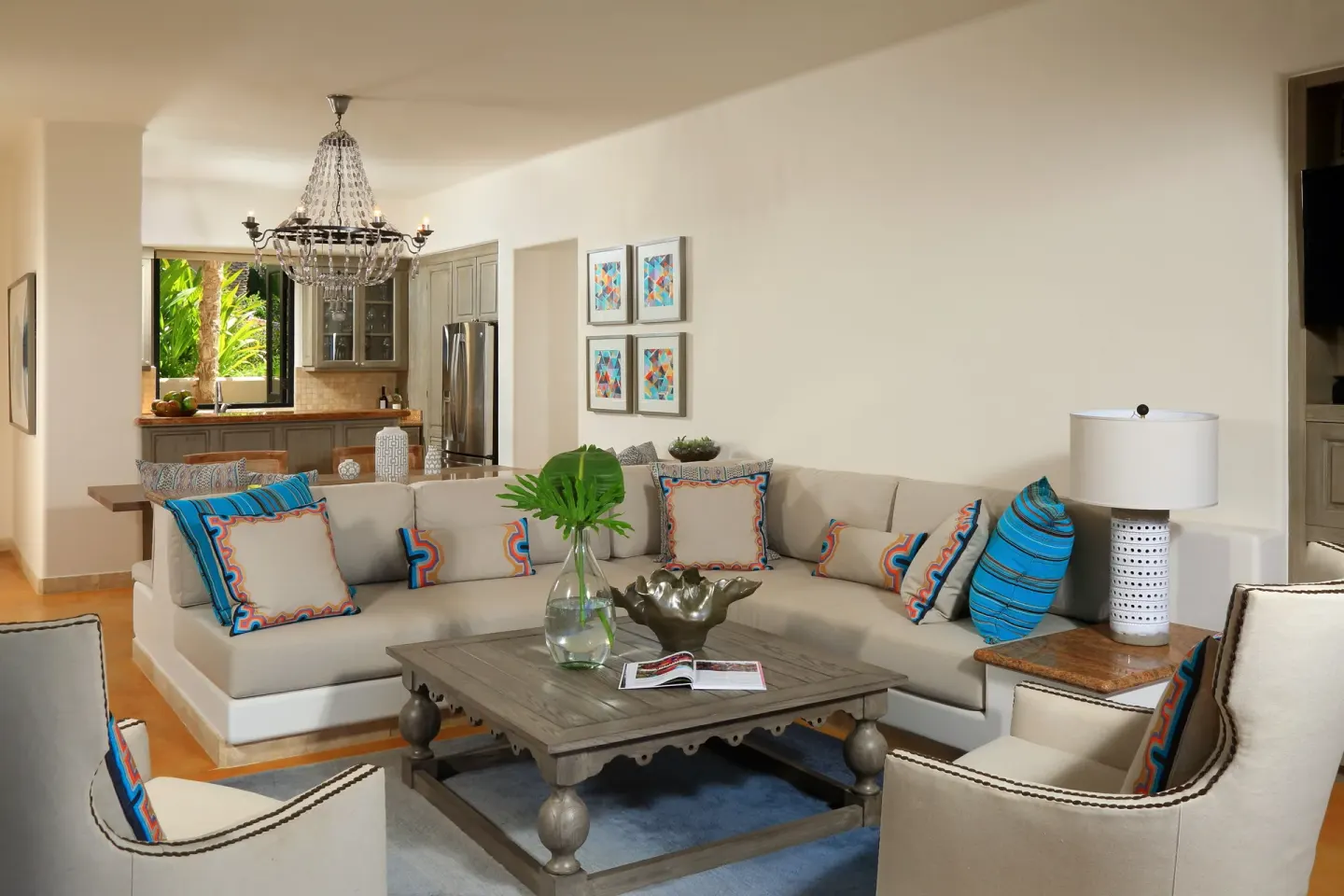 Living room and kitchen in a two-bedroom ocean-view villa at Esperanza.