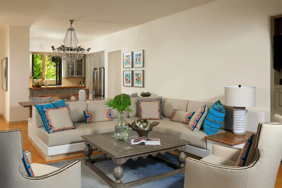 Living room and kitchen in a two-bedroom ocean-view villa at Esperanza.