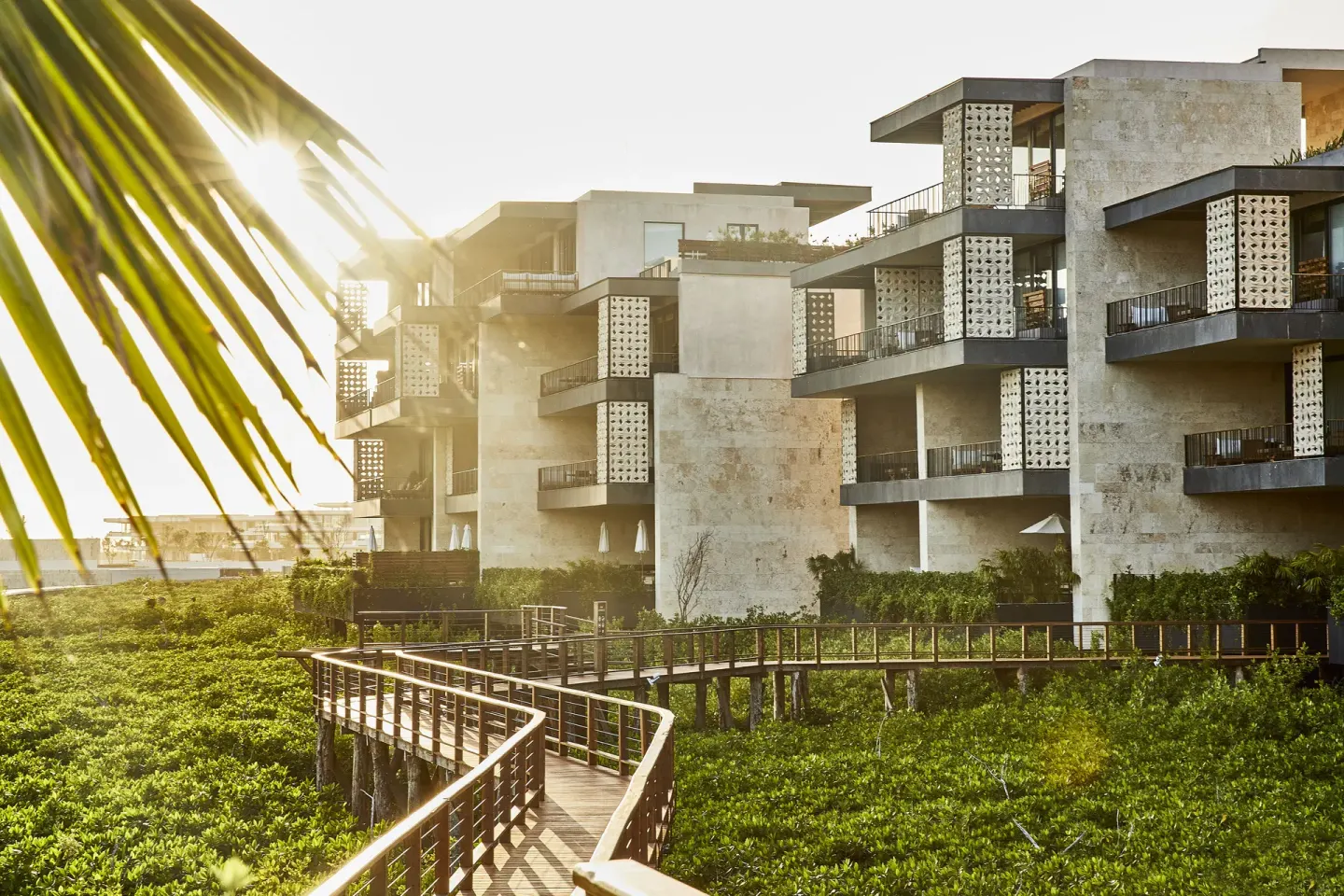 Guest buildings and elevated boardwalk in golden light at Etéreo, Auberge Collection.