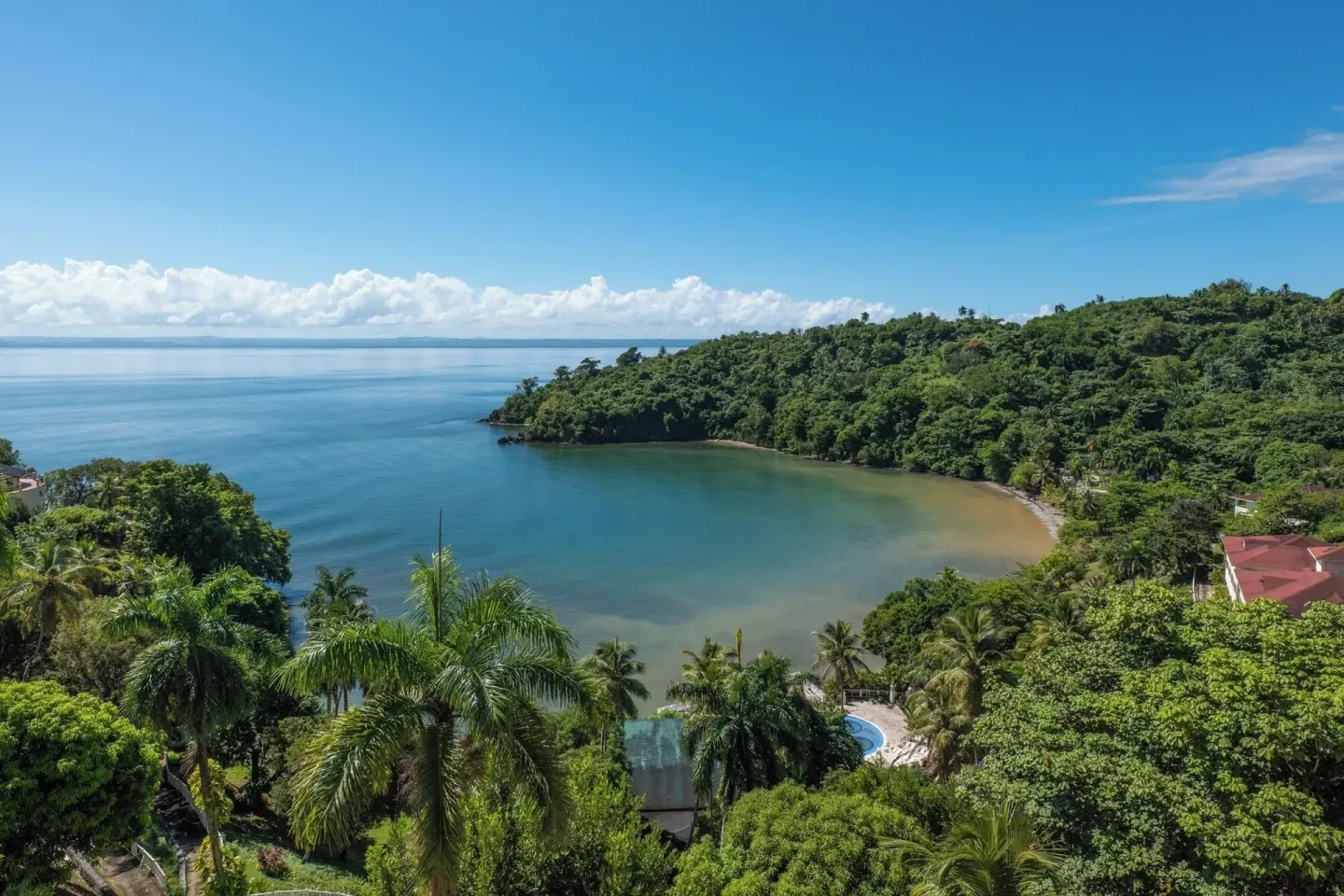 Room Sea View outlook over bay, palms, and forested coastline at Eurostars Grand Cayacoa.
