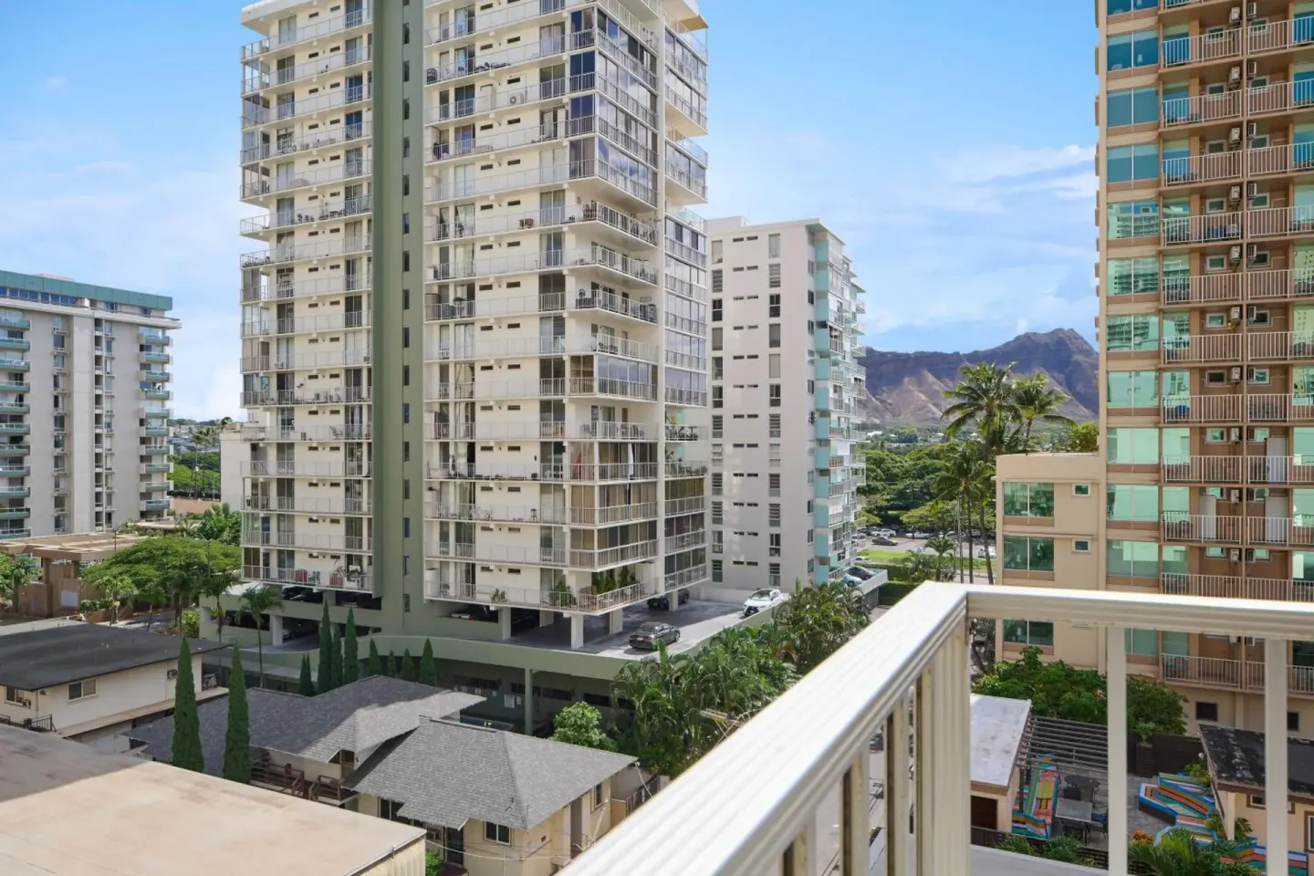 Balcony view of Waikiki buildings and Diamond Head from Ewa Hotel Waikiki.