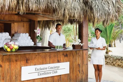 Beach concierge hut with staff, towels and fruit at Excellence Punta Cana.