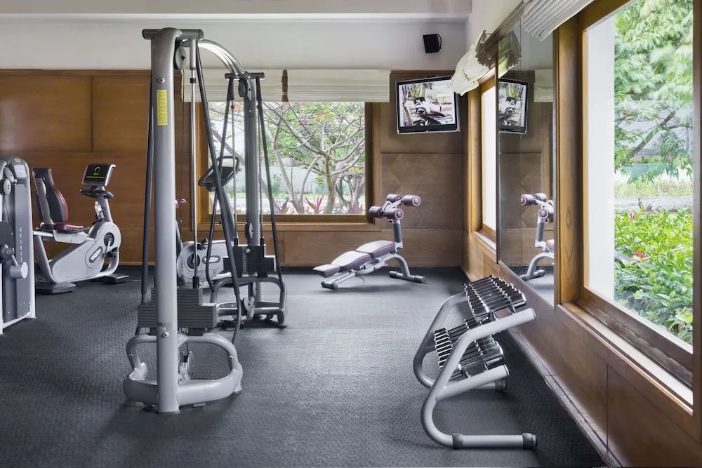 Fitness room with weight machines, dumbbells and garden windows at Excellence Punta Cana.