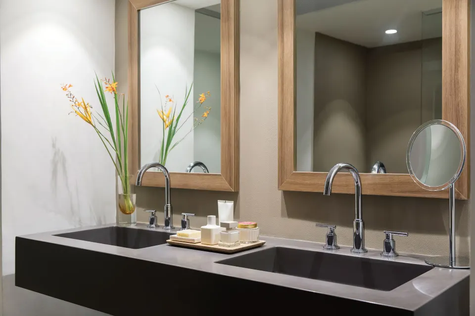 Junior Suite Garden or Mountain View double vanity bathroom at Excellence Punta Cana.