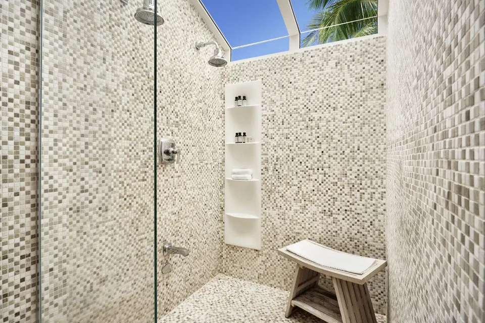 Bungalow Terrace outdoor shower with mosaic tile at Fairmont El San Juan.