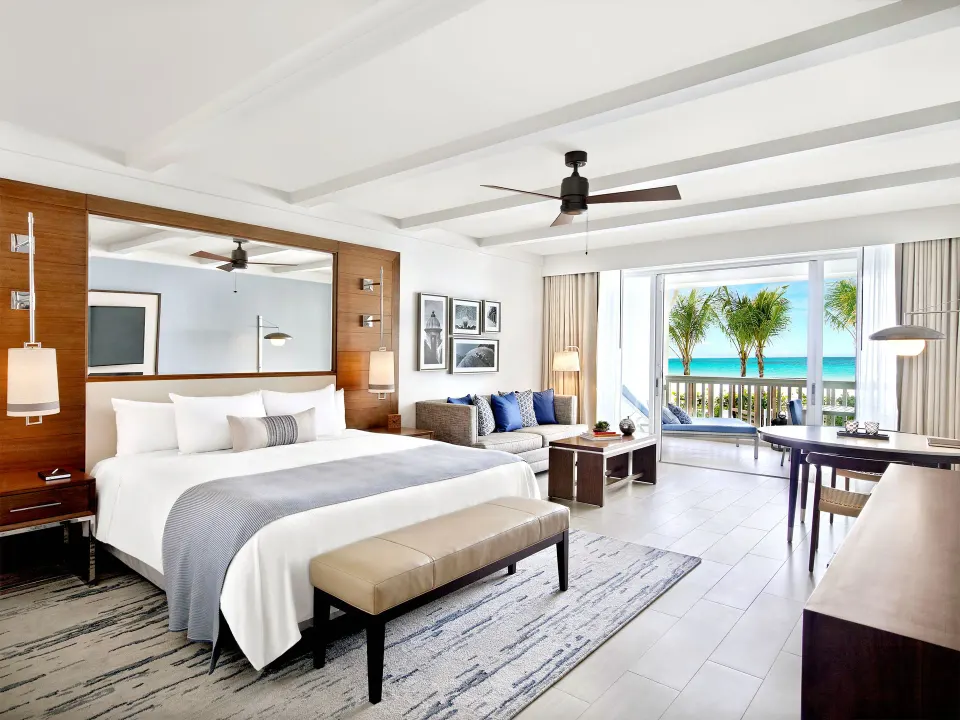 Villa ocean view room with king bed and balcony at Fairmont El San Juan.