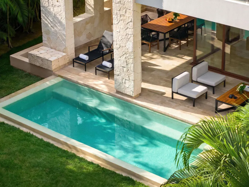 Private pool and patio of a garden villa at Fairmont Heritage Place Mayakoba.