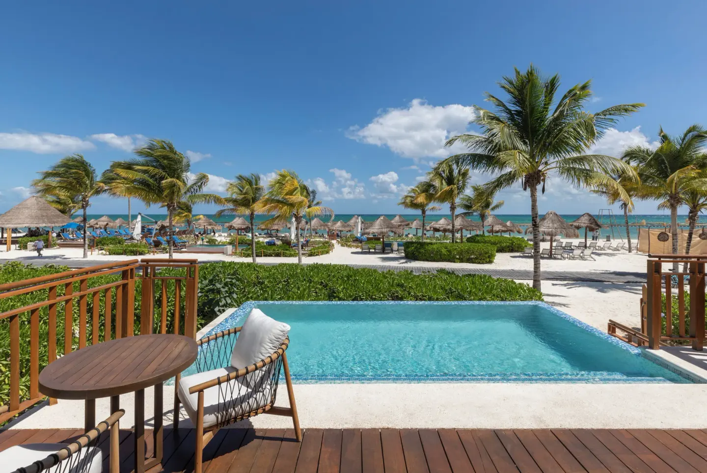 Beachfront casita terrace with plunge pool and ocean view at Fairmont Mayakoba.