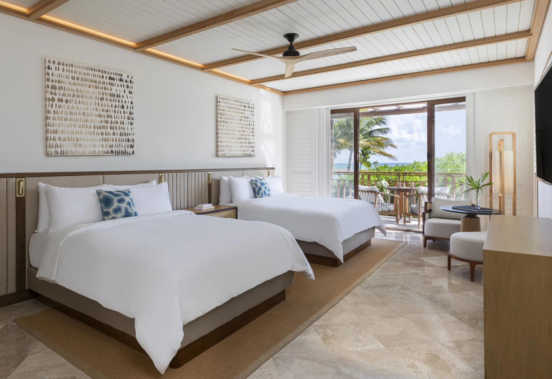 El Camaleon Presidential Suite Private Pool Ocean View at Fairmont Mayakoba with two queen beds, private terrace, and oceanfront luxury.