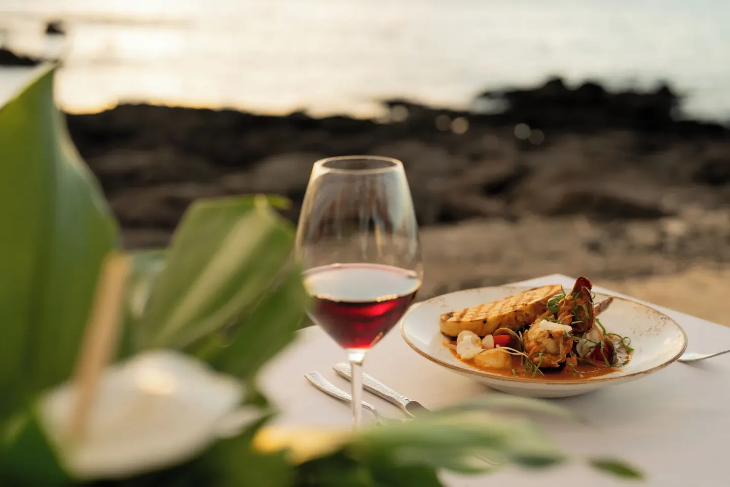 A plated seafood dish and red wine near the rocky shoreline at Fairmont Orchid.