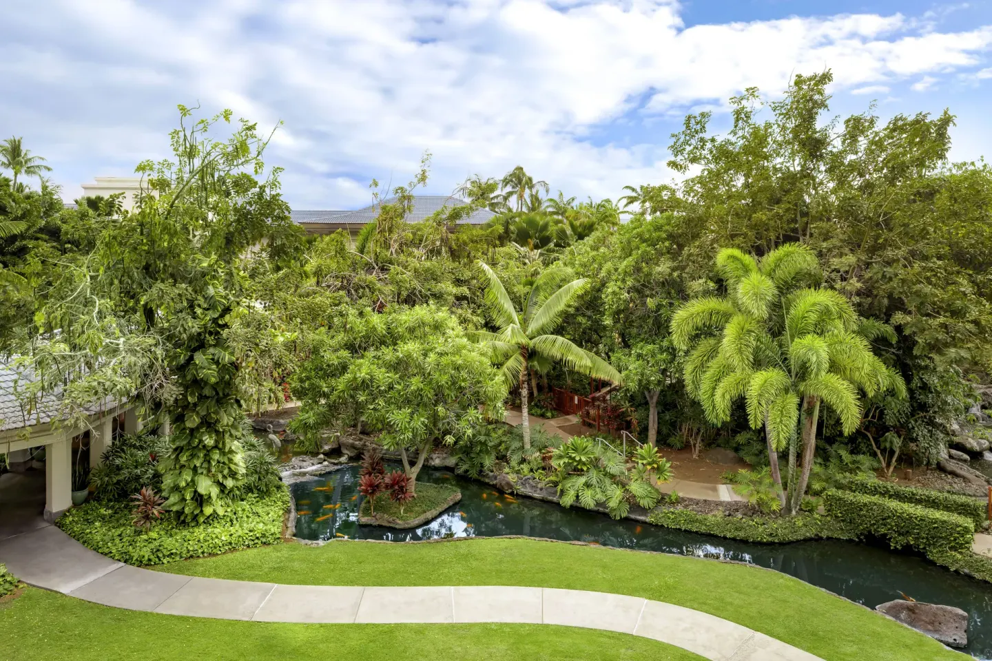 Fairmont Orchid garden view with palms, koi pond, lawn, and walkway.