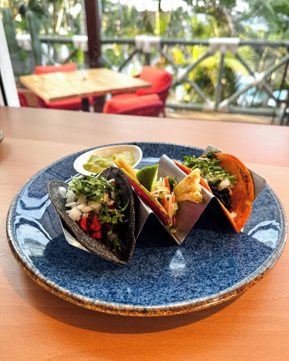 Three colorful tacos on a blue plate at Fiesta Americana Cozumel.