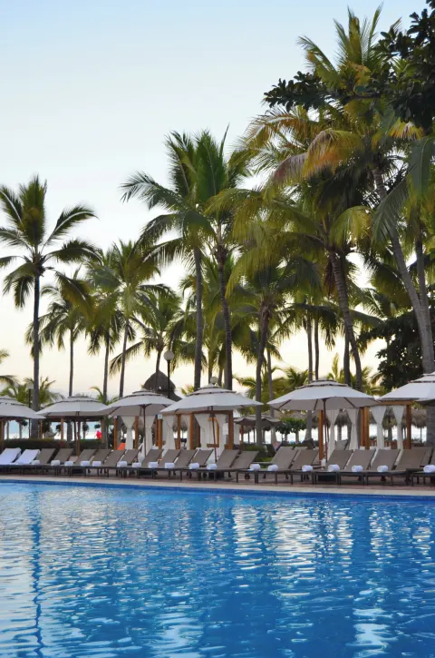 Poolside loungers and umbrellas sit beneath tall palms at Fiesta Americana Puerto Vallarta & Spa.