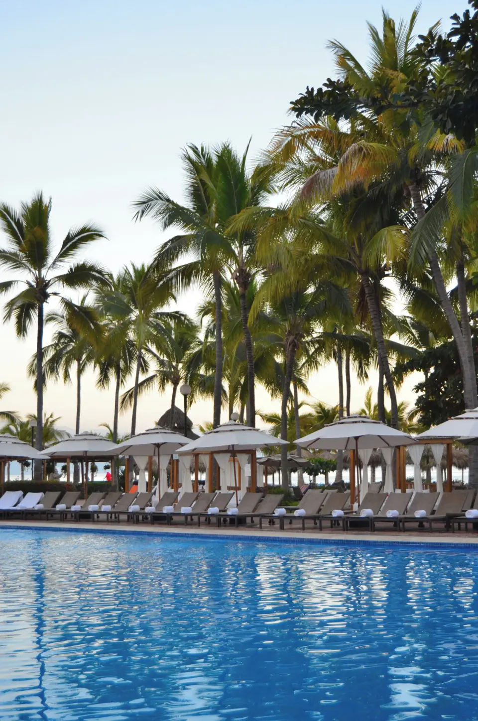 Poolside loungers and umbrellas sit beneath tall palms at Fiesta Americana Puerto Vallarta & Spa.