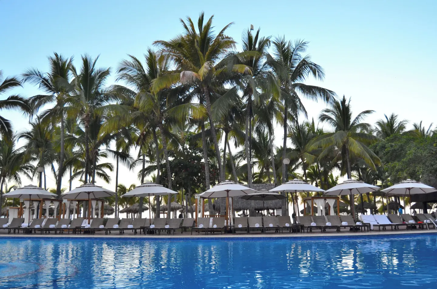 Wide pool view with umbrellas and palm trees at Fiesta Americana Puerto Vallarta & Spa.