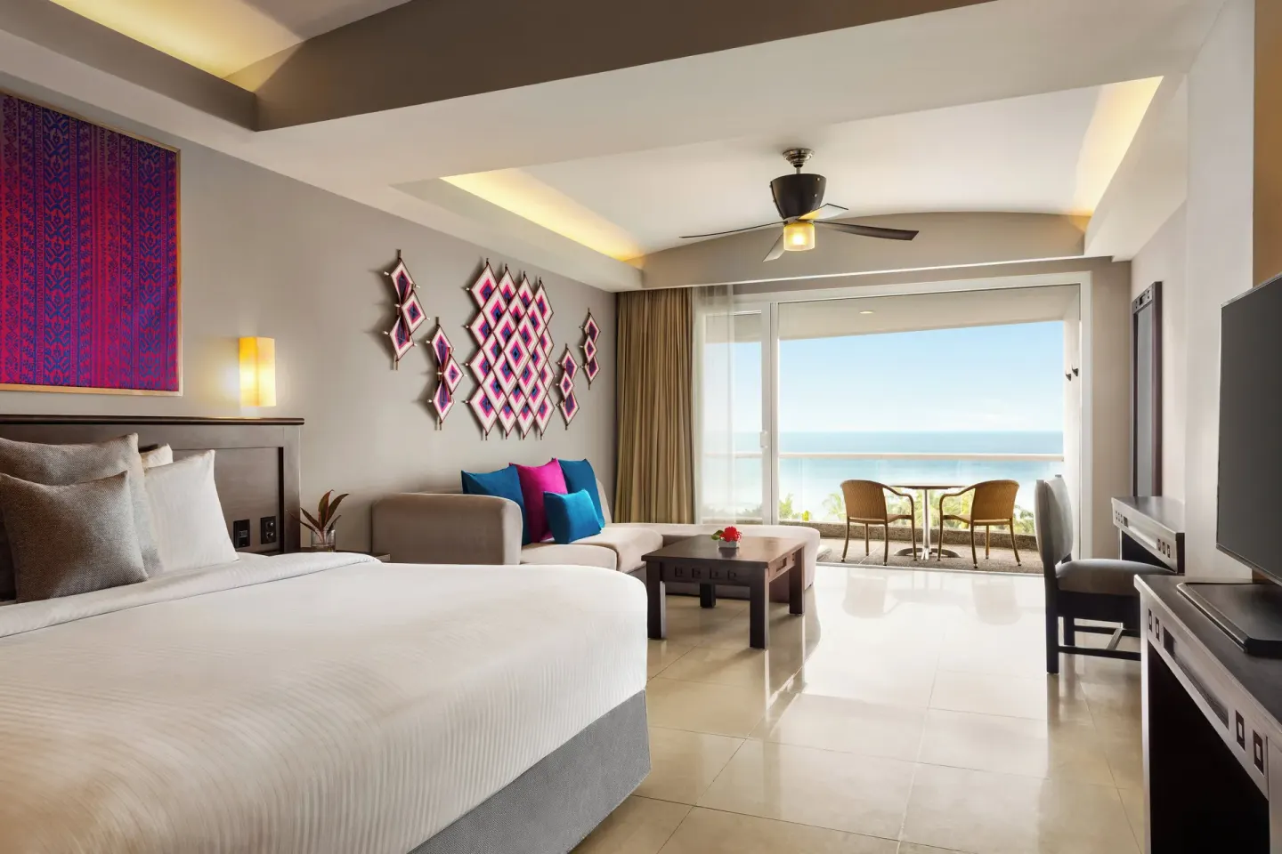 King guest room with ocean-facing balcony at Fiesta Americana Riviera Nayarit Resort & Spa.
