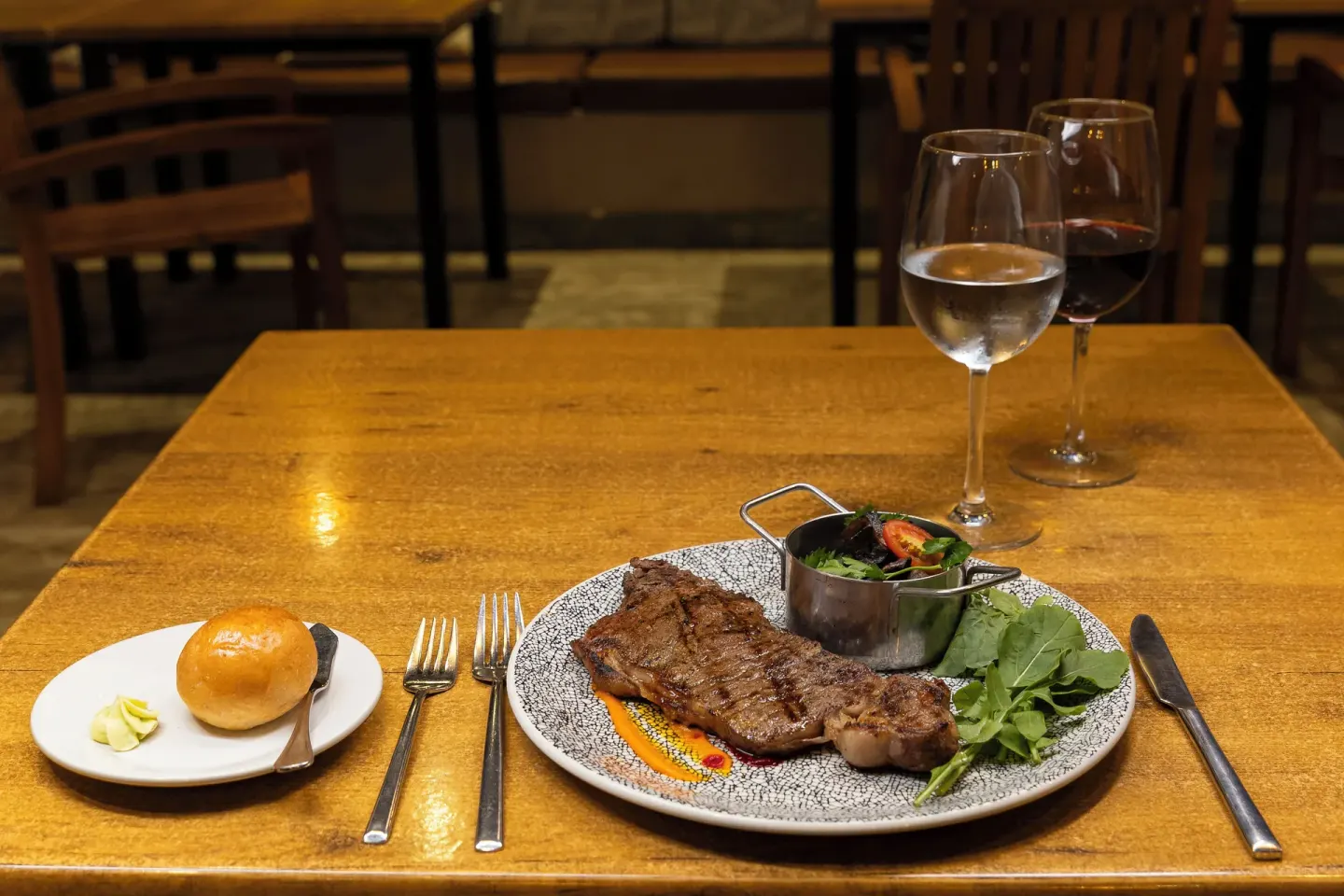 Grilled steak dinner with wine at Fiesta Americana Riviera Nayarit Resort & Spa.
