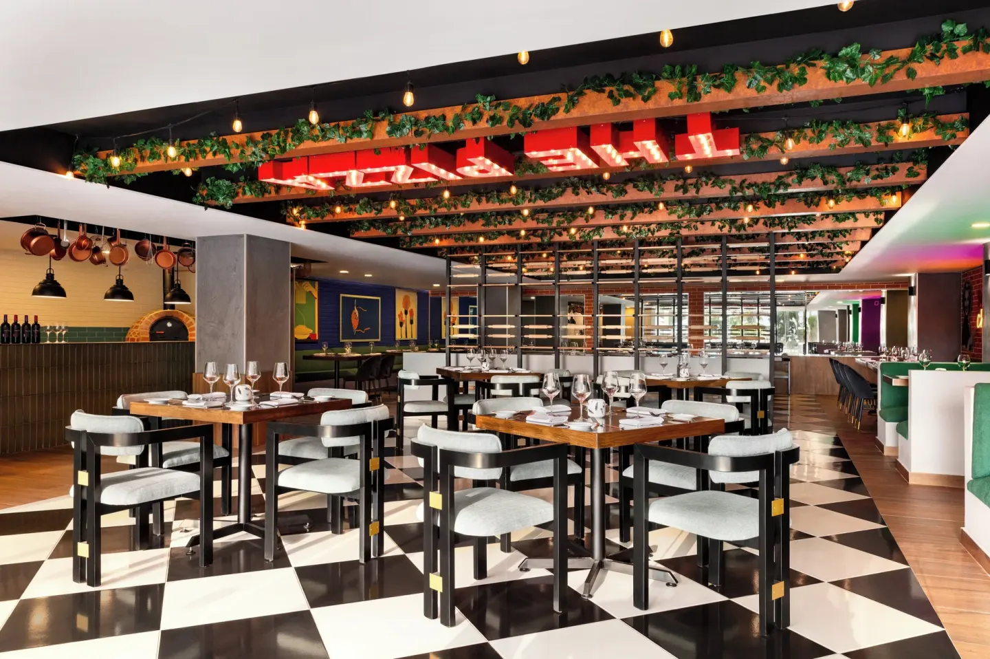 Italian-style dining room with checkered floor at Fiesta Americana Riviera Nayarit Resort & Spa.