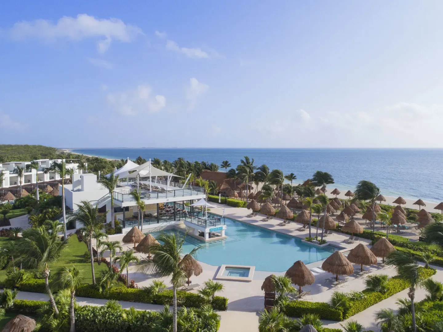 Aerial view of the pool, beach and ocean at Finest Playa Mujeres.